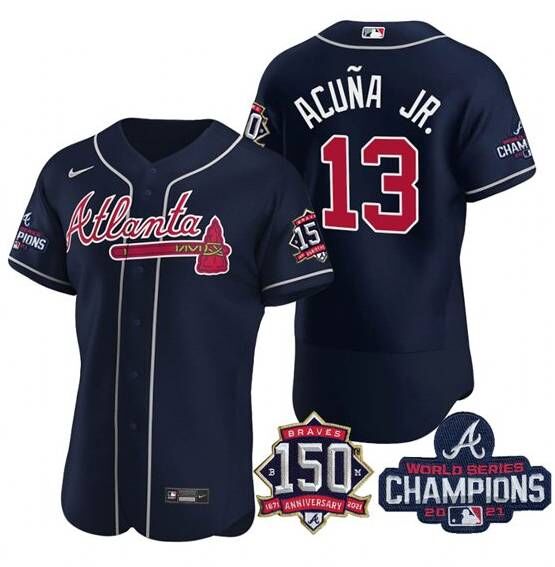 Men's Atlanta Braves #13 Ronald Acuña Jr. 2021 Navy World Series Champions With 150th Anniversary Flex Base Stitched Jersey Men's Atlanta Braves #13 Ronald Acuña Jr. 2021 Navy World Series Champions With 150th Anniversary Flex Base Stitched Jersey